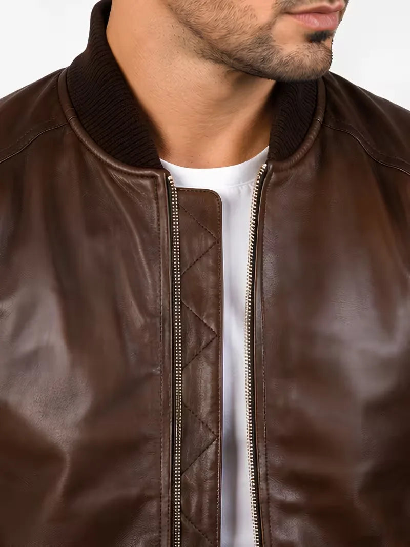 Men's black sheepskin leather jacket, collar detail