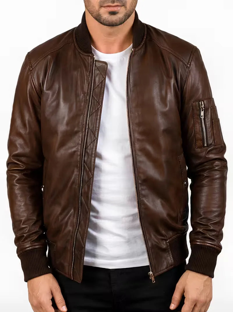 Men's black sheepskin leather jacket, side view