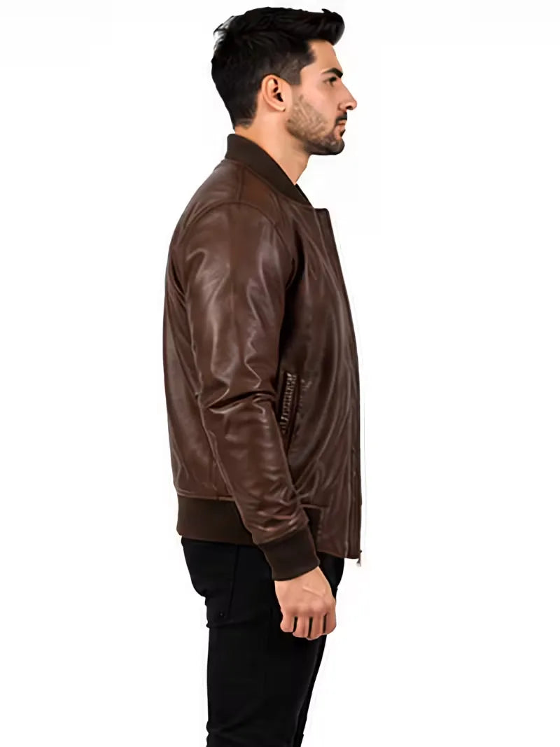 Men's black sheepskin leather jacket, lining detail