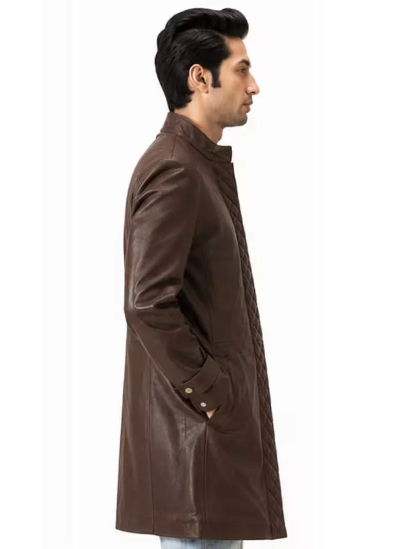 Men's black sheepskin leather coat, lining detail