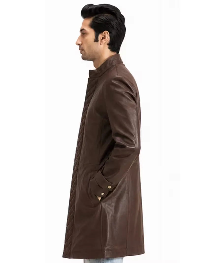 Men's black sheepskin leather coat, pocket detail