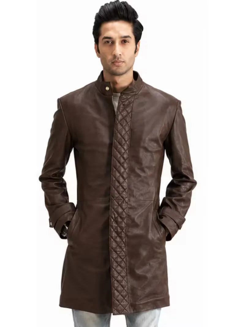 Men's Black Sheepskin Leather Coat with Snap Band Collar