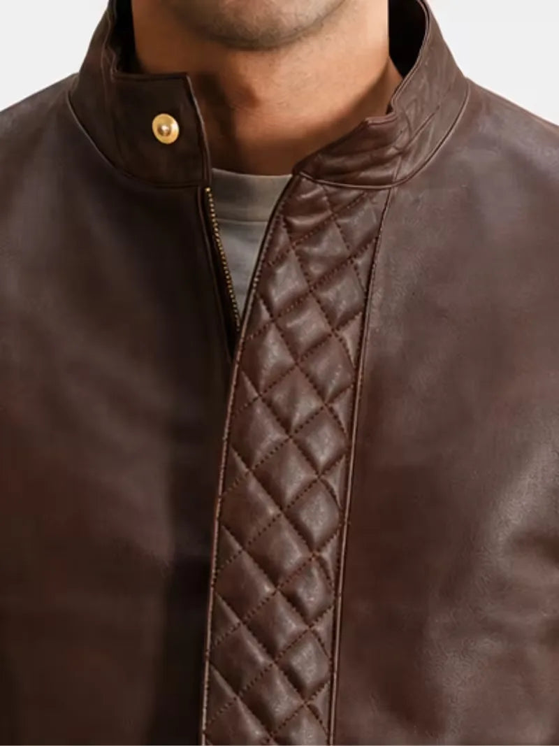 Men's black sheepskin leather coat, zip and closure detail
