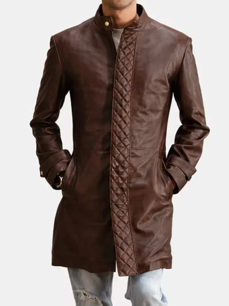 Men's black sheepskin leather coat, side view