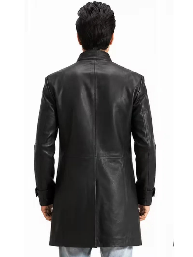 Men's black sheepskin leather coat, back view