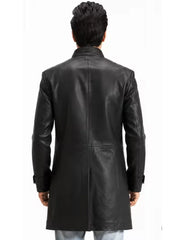 Men's black sheepskin leather coat, back view