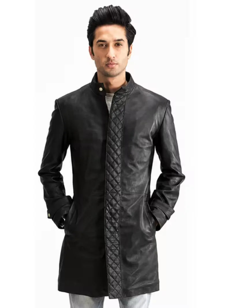 Men's black sheepskin leather coat, front view