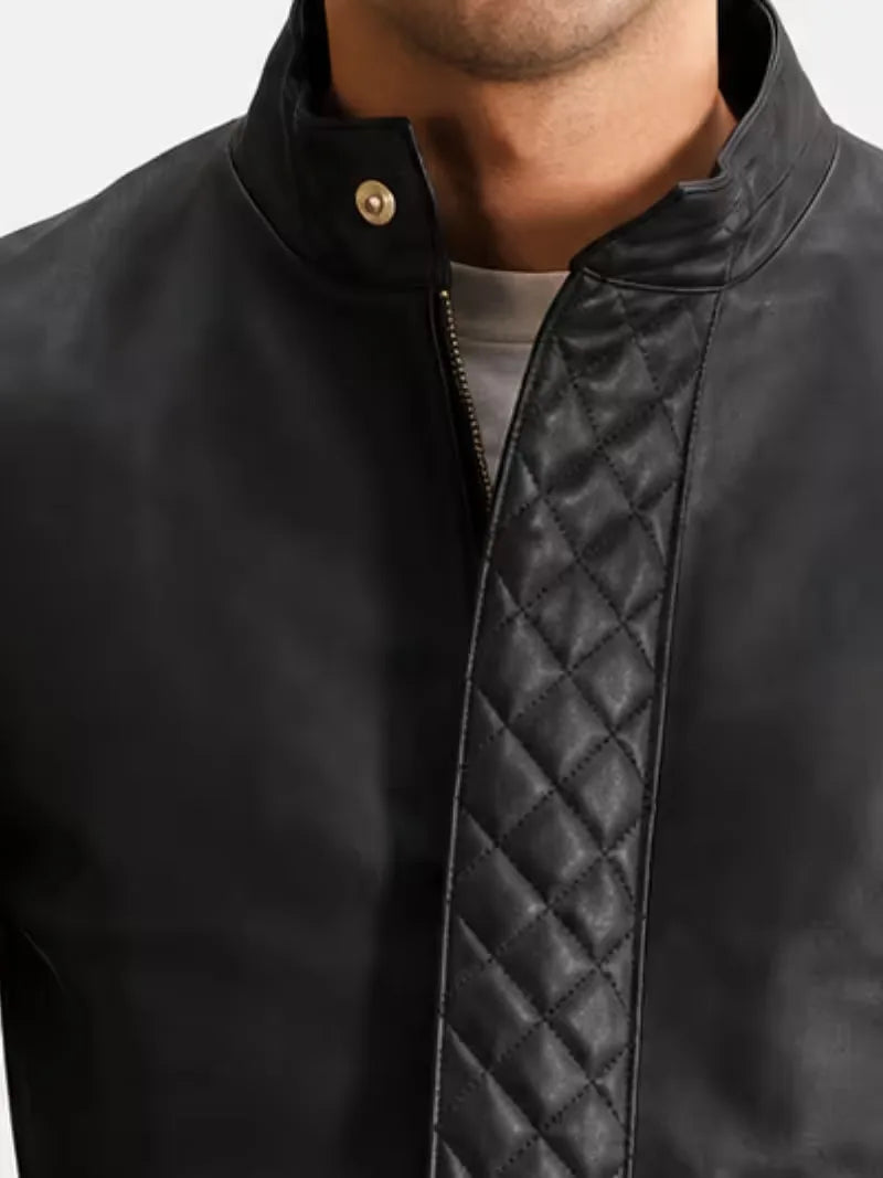 Men's black sheepskin leather coat, front view