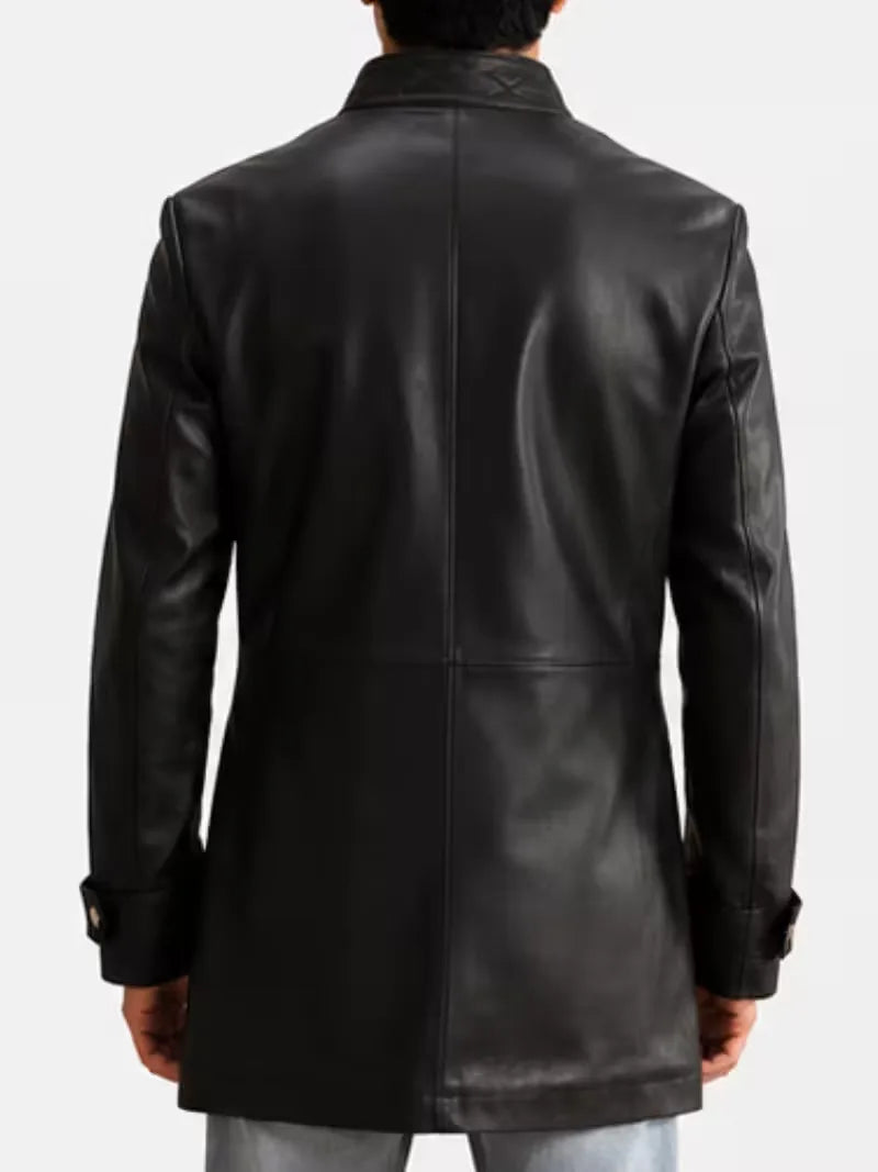 Men's black sheepskin leather coat, back view