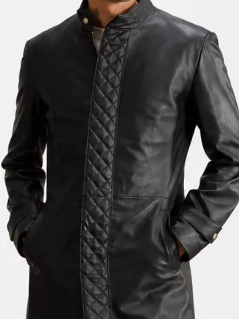 Men's black sheepskin leather coat, worn on model