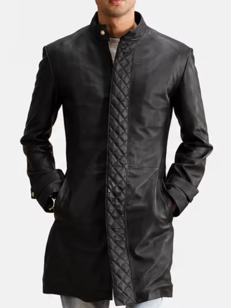 Men's black sheepskin leather coat, full length