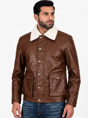 Men's Black Shearling Leather Jacket with Shearling Shirt Collar