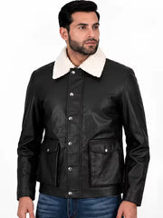 Men's black shearling leather jacket, front view