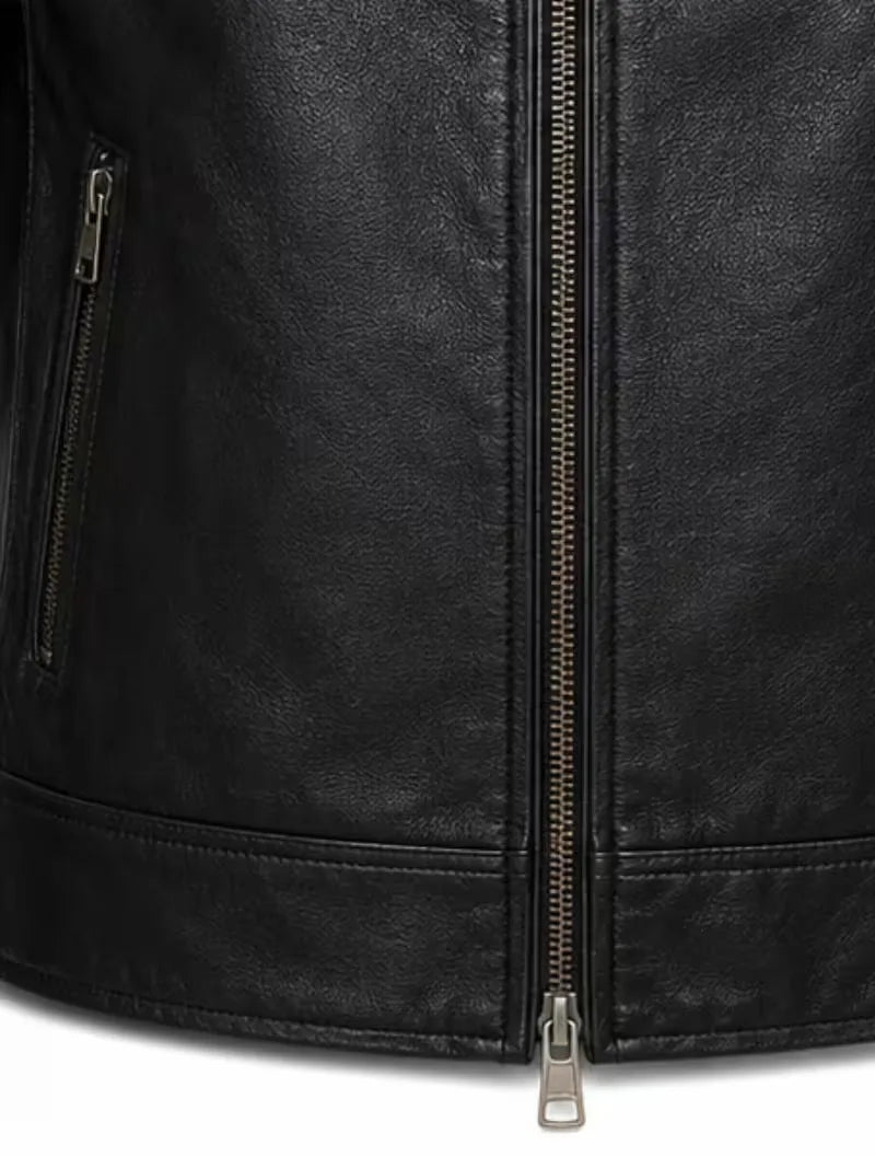 Men's black sheepskin leather jacket, front view