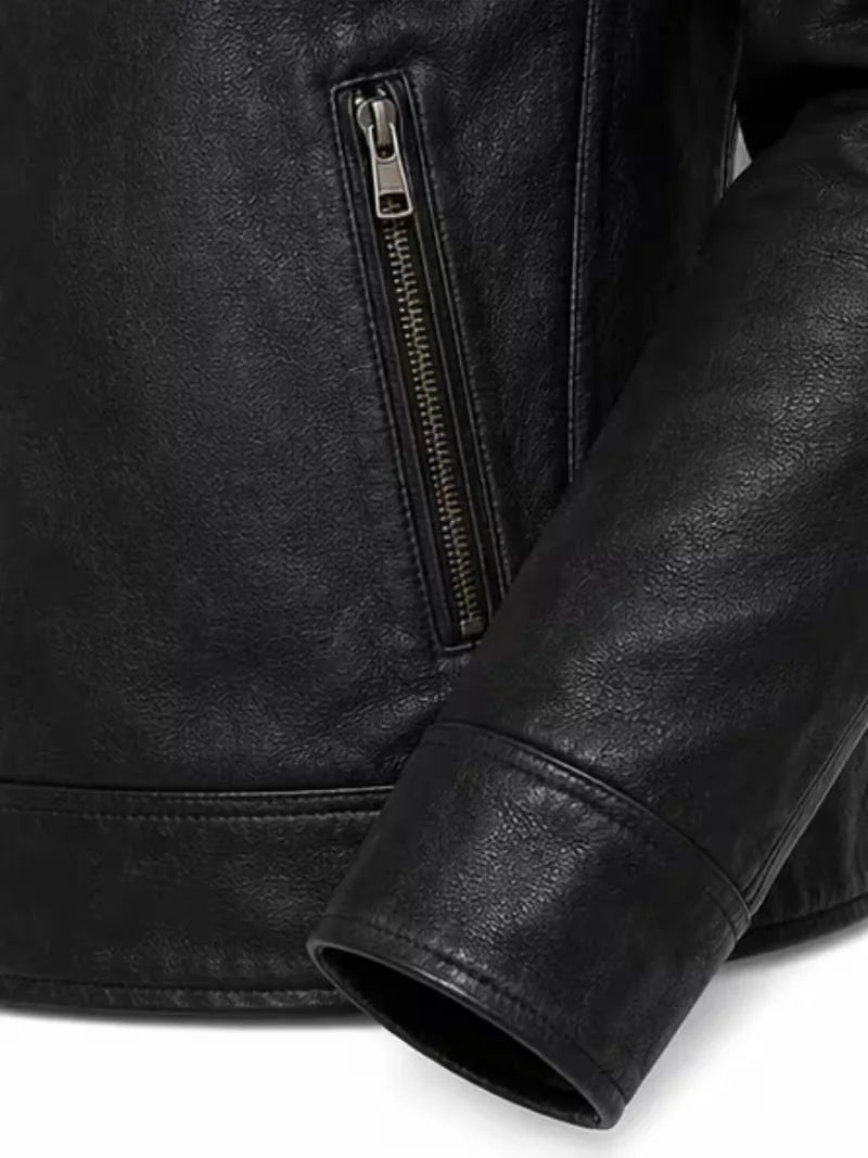 Men's black sheepskin leather jacket, back view