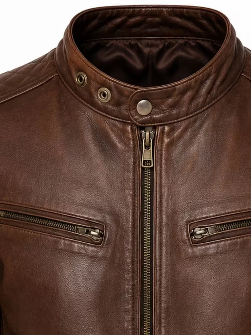 Men's black sheepskin leather jacket, side view