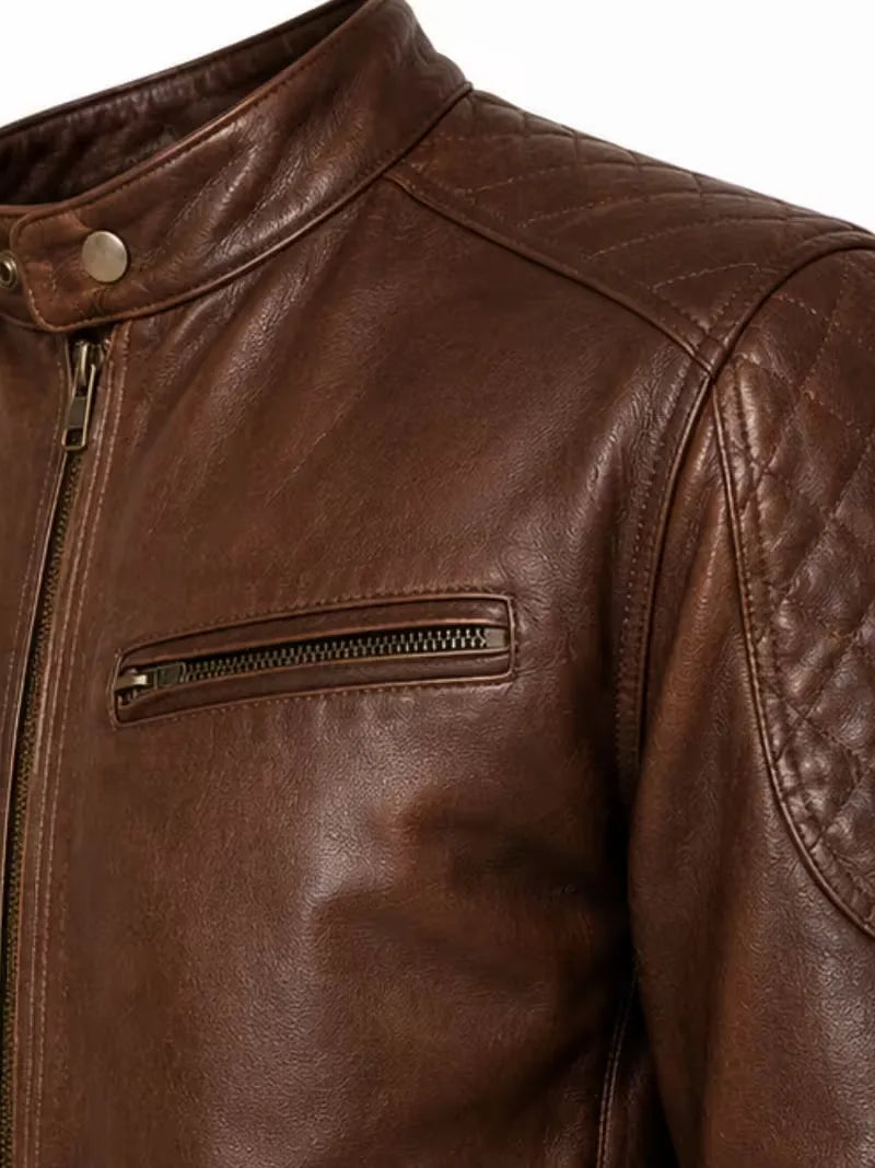 Men's black sheepskin leather jacket, collar detail