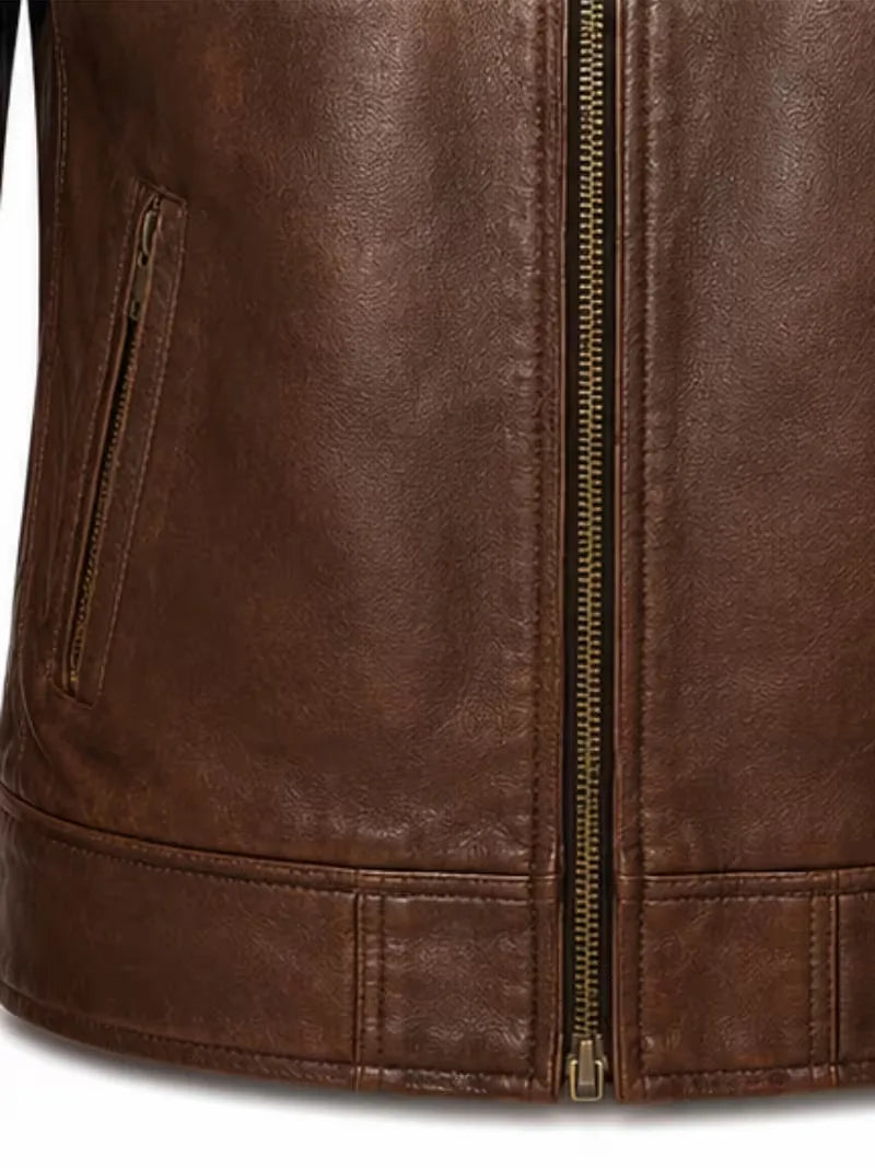 Men's black sheepskin leather jacket, zip and closure detail