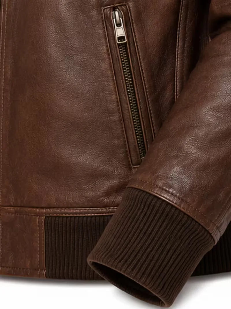 Men's black sheepskin leather jacket, cuff detail