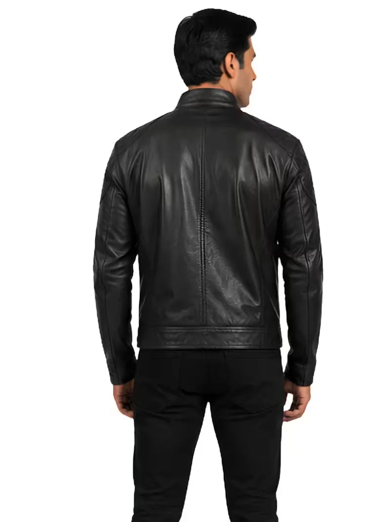 Men's black sheepskin leather jacket, back view