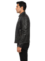 Men's black sheepskin leather jacket, side view