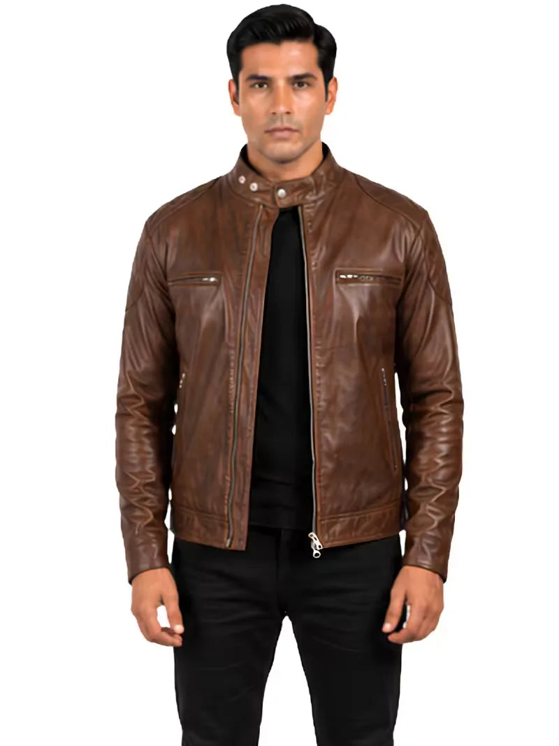 Men's black sheepskin leather jacket, zip and closure detail