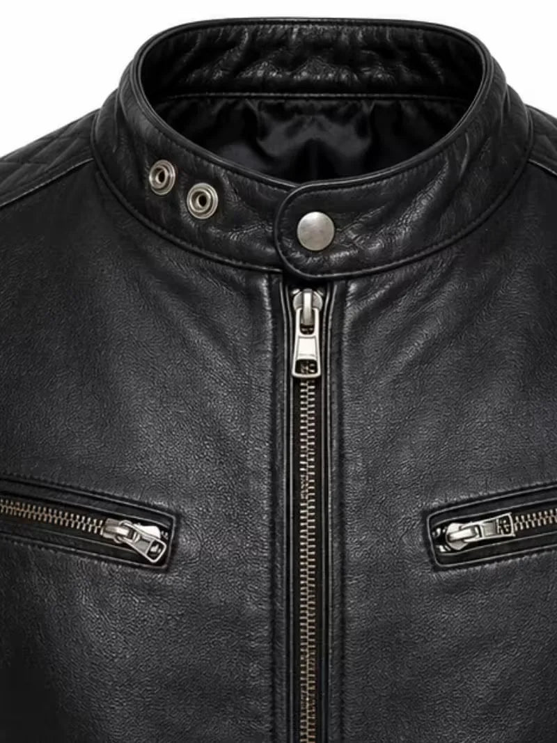 Men's black sheepskin leather jacket, full length