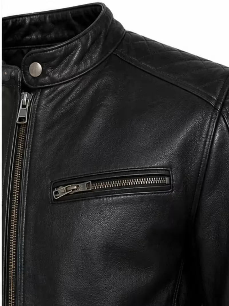 Men's black sheepskin leather jacket, worn on model