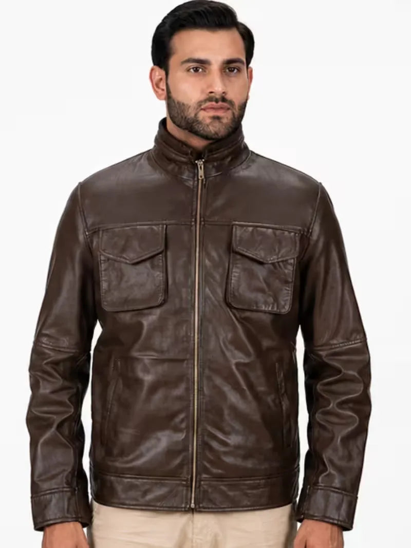 Men's black sheepskin leather jacket, zip and closure detail