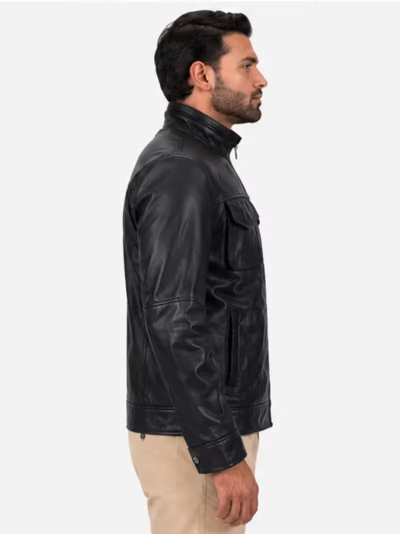 Men's black sheepskin leather jacket, collar detail