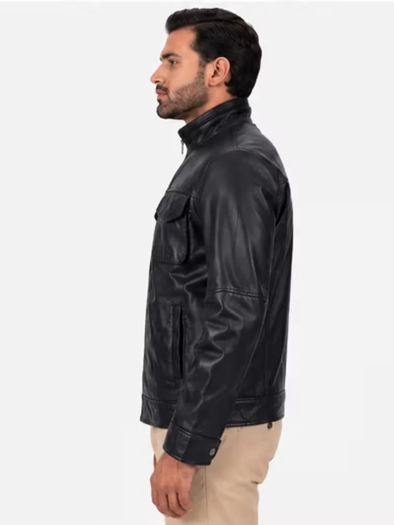 Men's black sheepskin leather jacket, side view