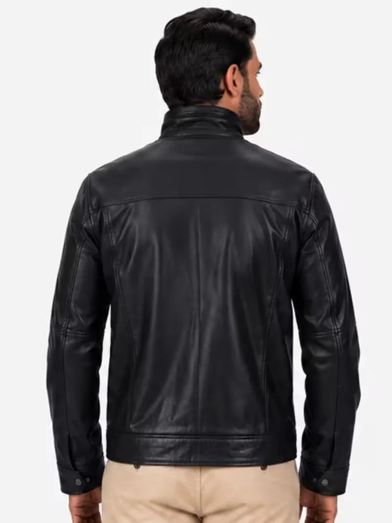 Men's black sheepskin leather jacket, back view