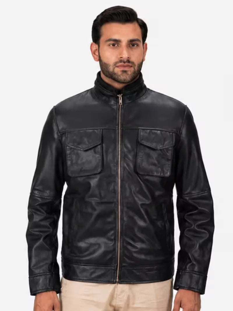 Men's black sheepskin leather jacket, front view