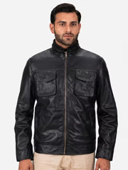 Men's black sheepskin leather jacket, front view