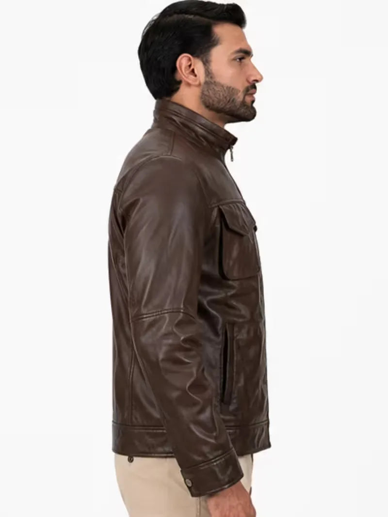 Men's black sheepskin leather jacket, lining detail