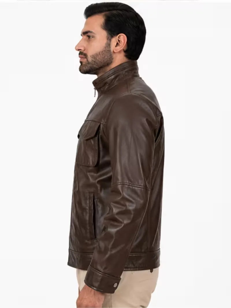 Men's black sheepskin leather jacket, pocket detail