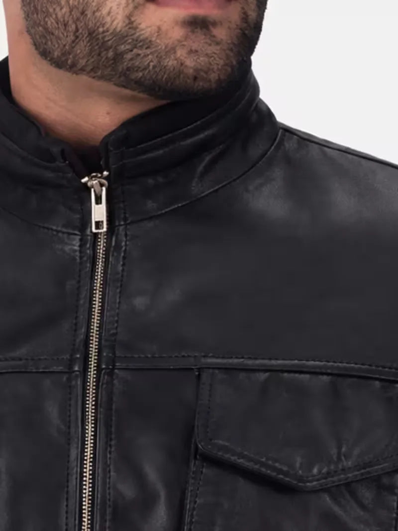Men's black sheepskin leather jacket, cuff detail