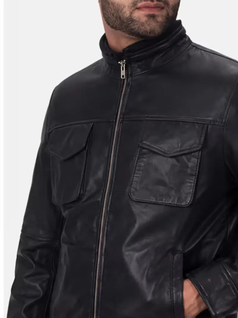 Men's black sheepskin leather jacket, zip and closure detail