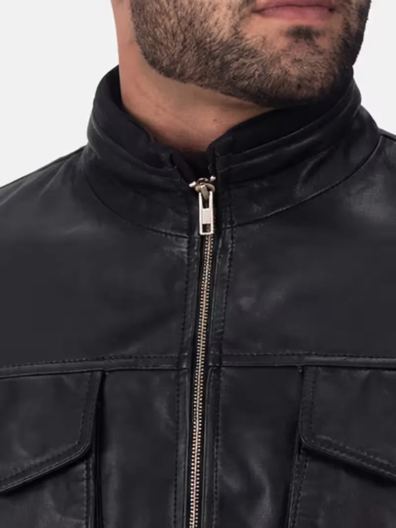 Men's black sheepskin leather jacket, collar detail