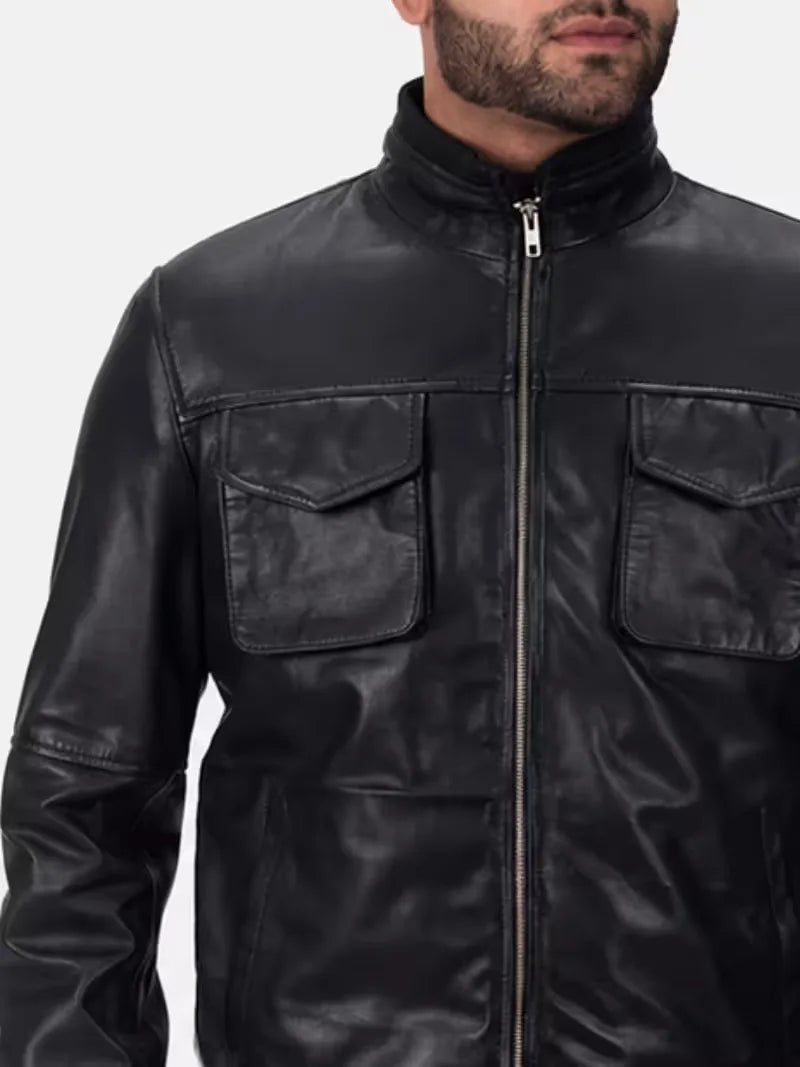 Men's black sheepskin leather jacket, side view
