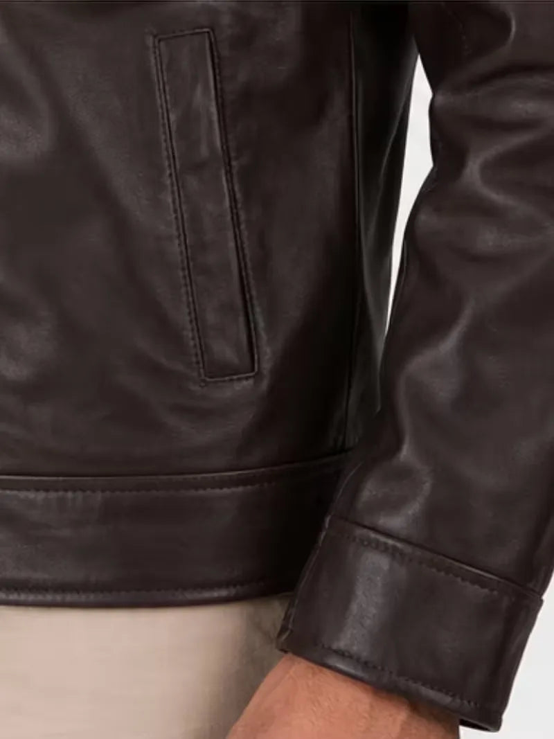Men's black sheepskin leather jacket, back view