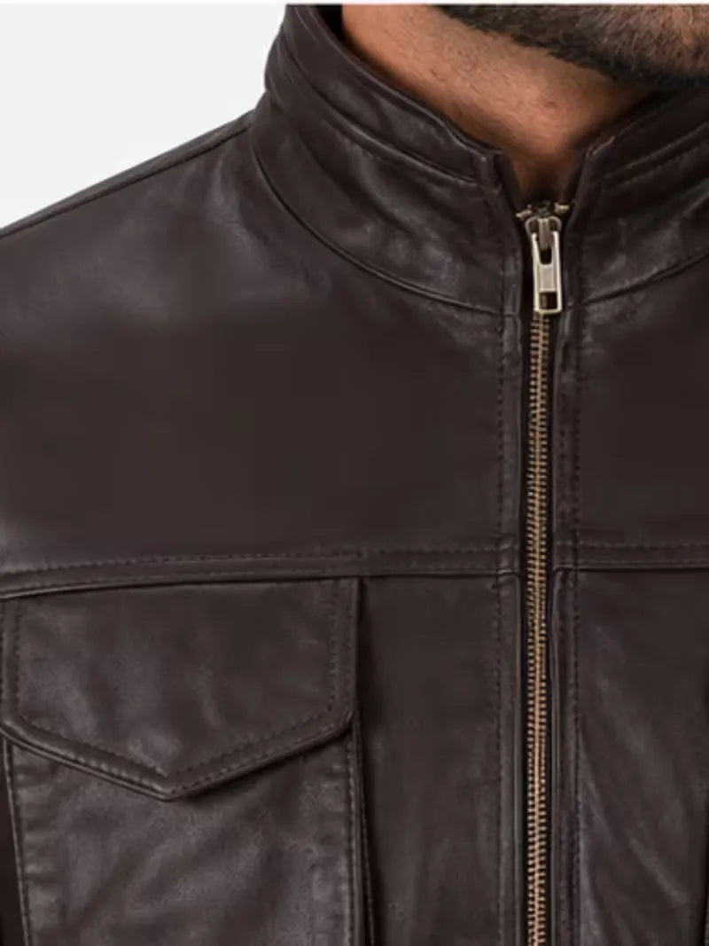 Men's black sheepskin leather jacket, front view