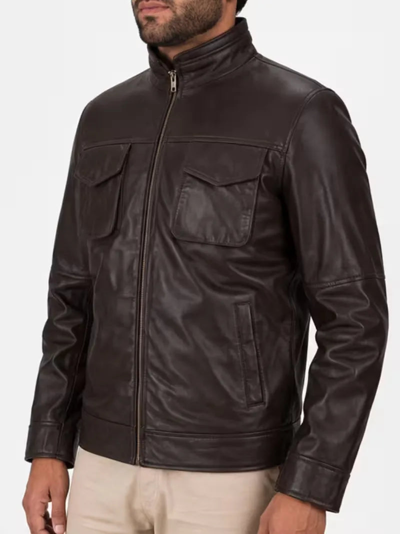 Men's black sheepskin leather jacket, worn on model
