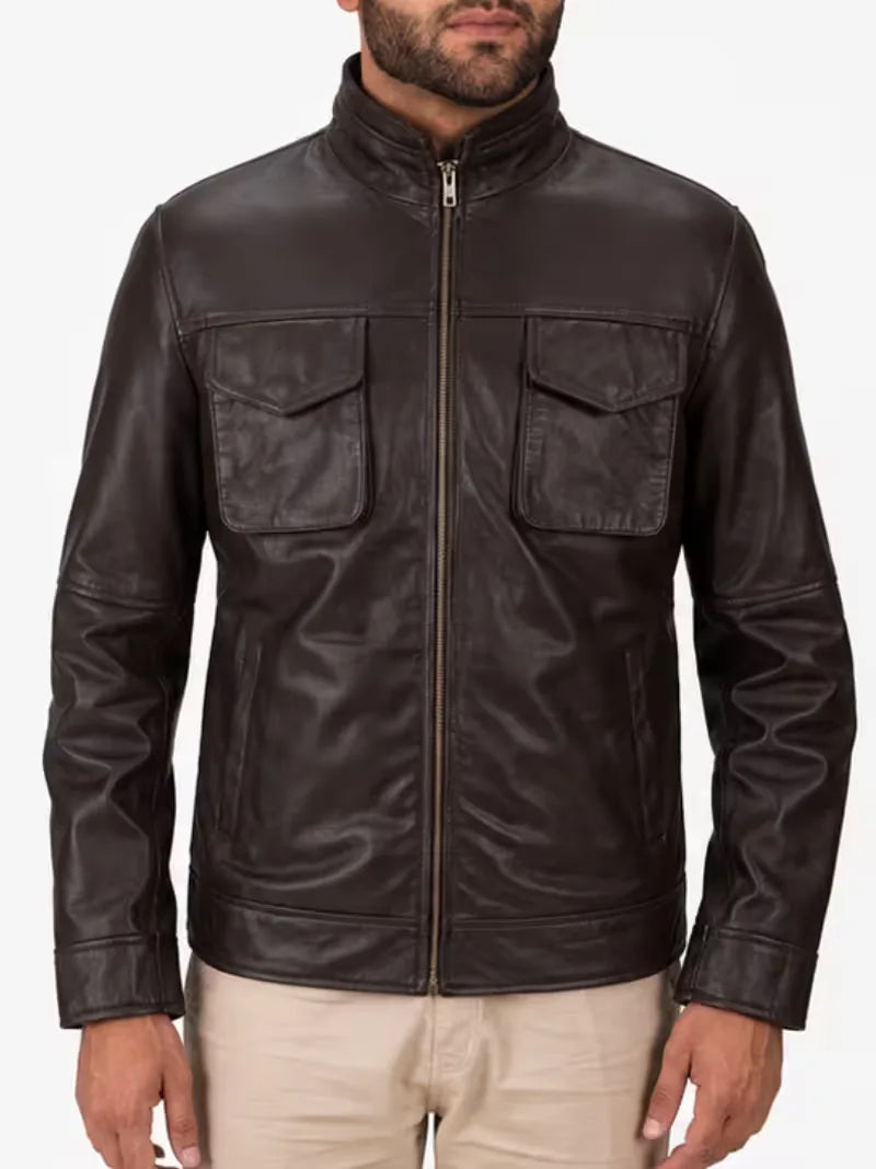 Men's black sheepskin leather jacket, full length