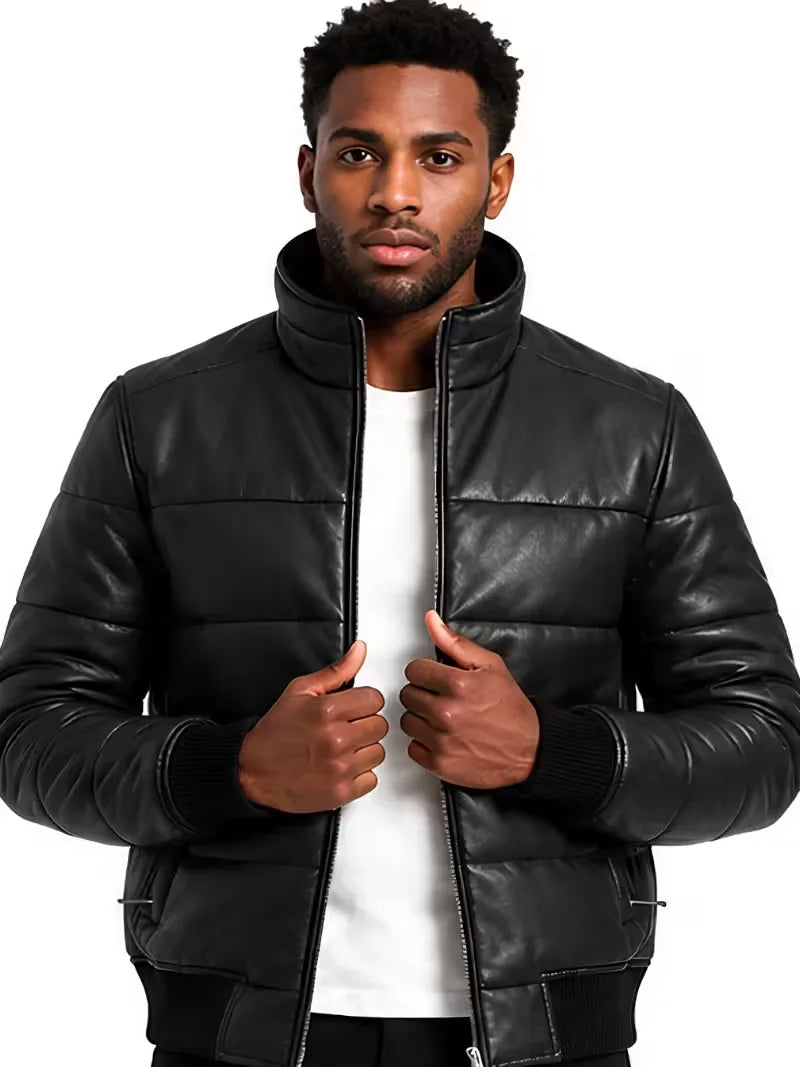 Men's black parachute leather jacket, front view