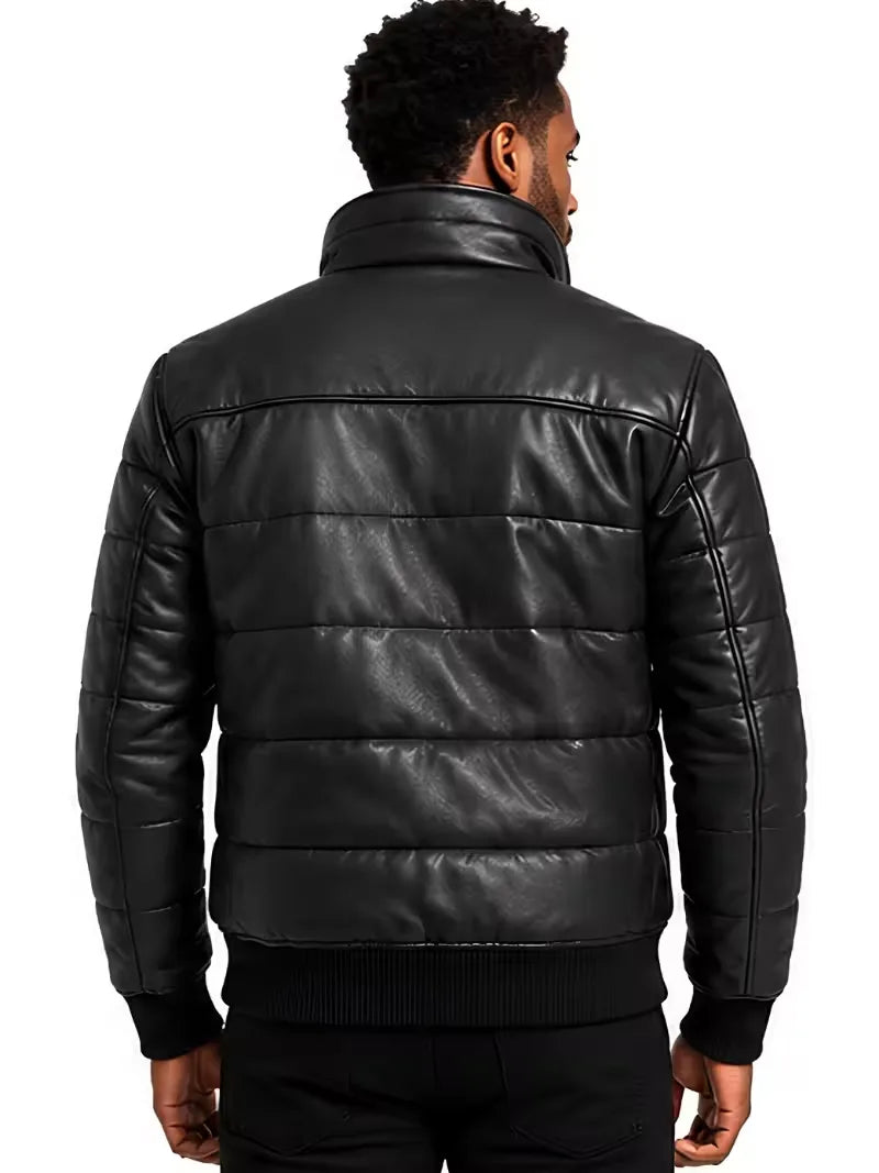 Men's black parachute leather jacket, back view