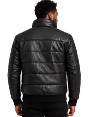 Men's black parachute leather jacket, back view