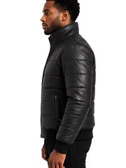 Men's black parachute leather jacket, side view