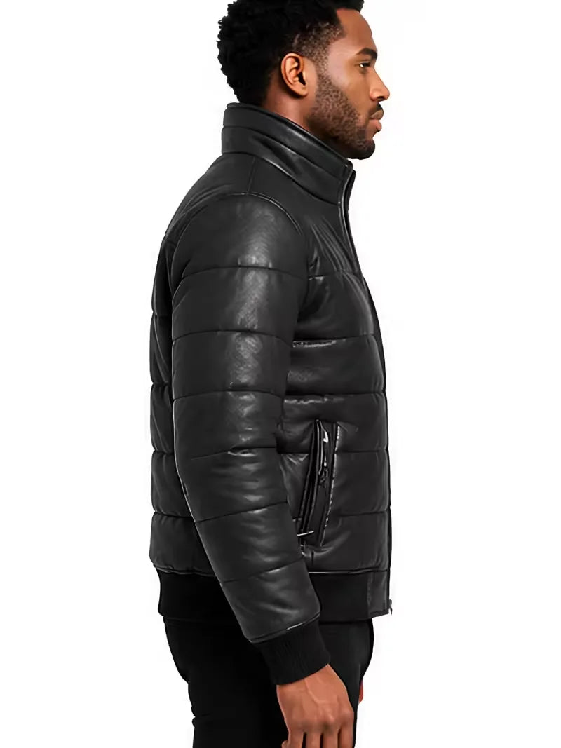 Men's black parachute leather jacket, collar detail