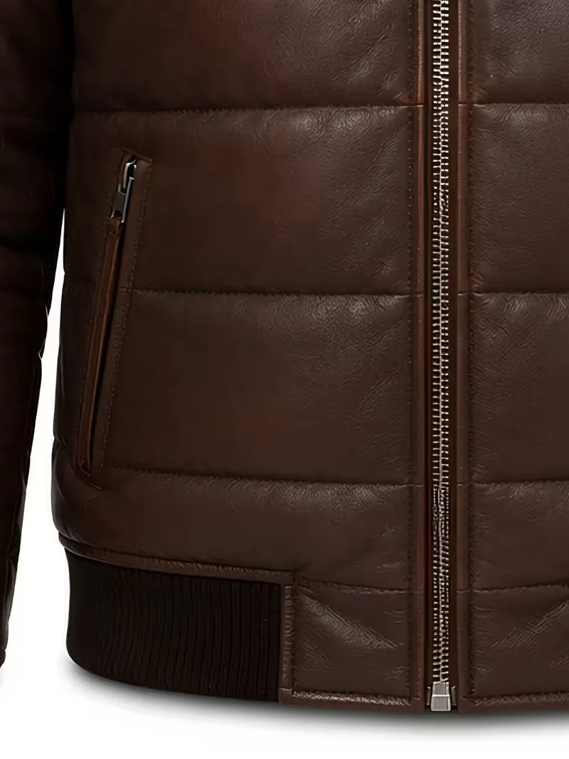 Men's black parachute leather jacket, zip and closure detail